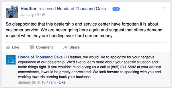 example of business responding to negative online review