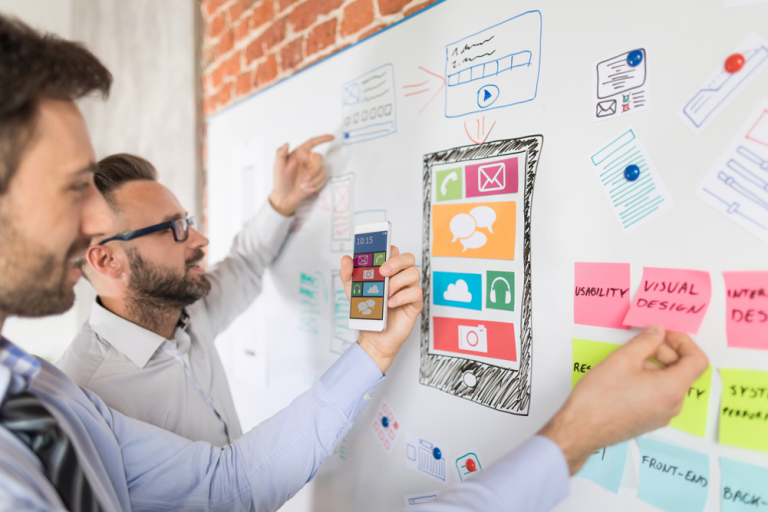 marketers at whiteboard designing in app support for mobile app