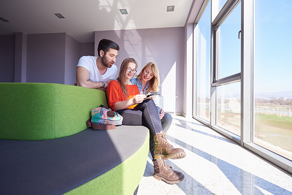 people sitting in sunlit room