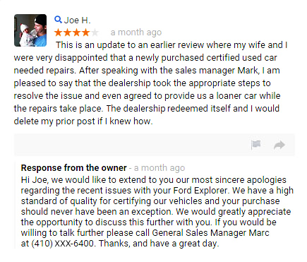 example of a business responding to an online review
